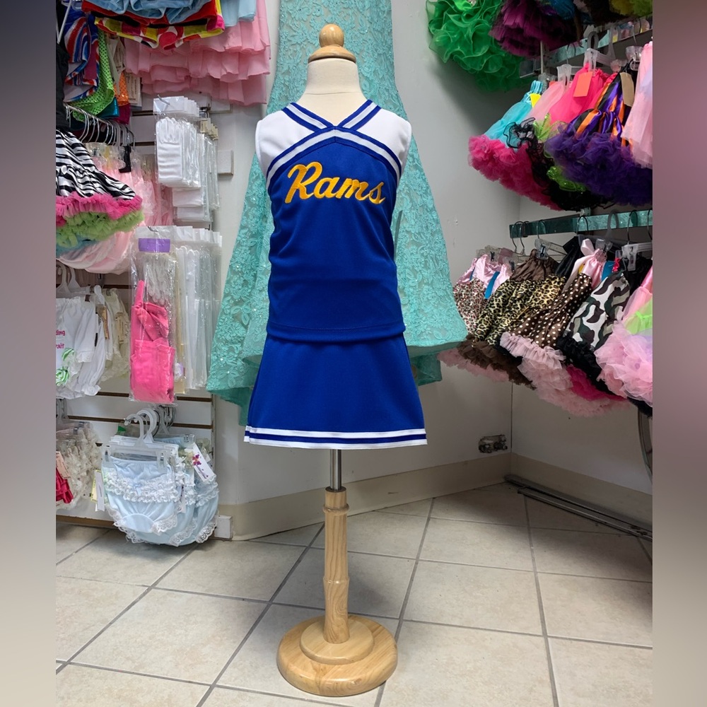 Childs Size 14 or 16 Rams Logo Blue & Gold Cheerleading Uniform Skirt Set NWT